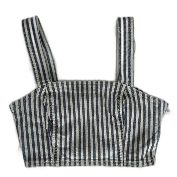 Zara Women's Denim Crop Top White Blue Striped Side Zip Bustier Tank Size Small - Picture 2 of 7